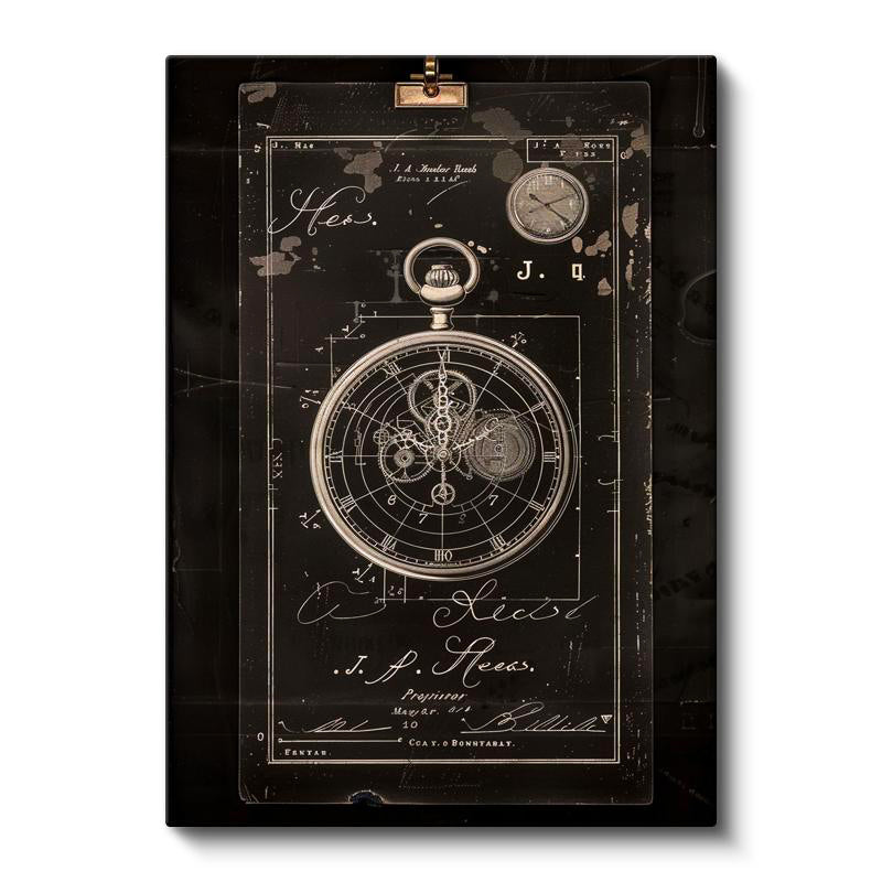 Dikey Kanvas Tablo Cep Saati Mekanizması Patent Çizimi Teknik Vintage Tablo Duvar Dekoru