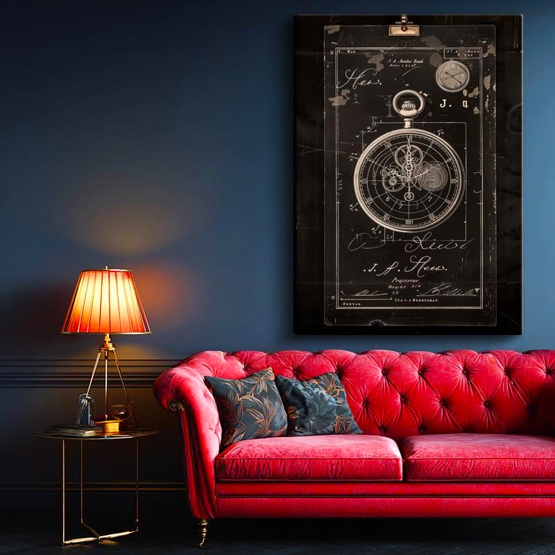 Dikey Kanvas Tablo Cep Saati Mekanizması Patent Çizimi Teknik Vintage Tablo Duvar Dekoru