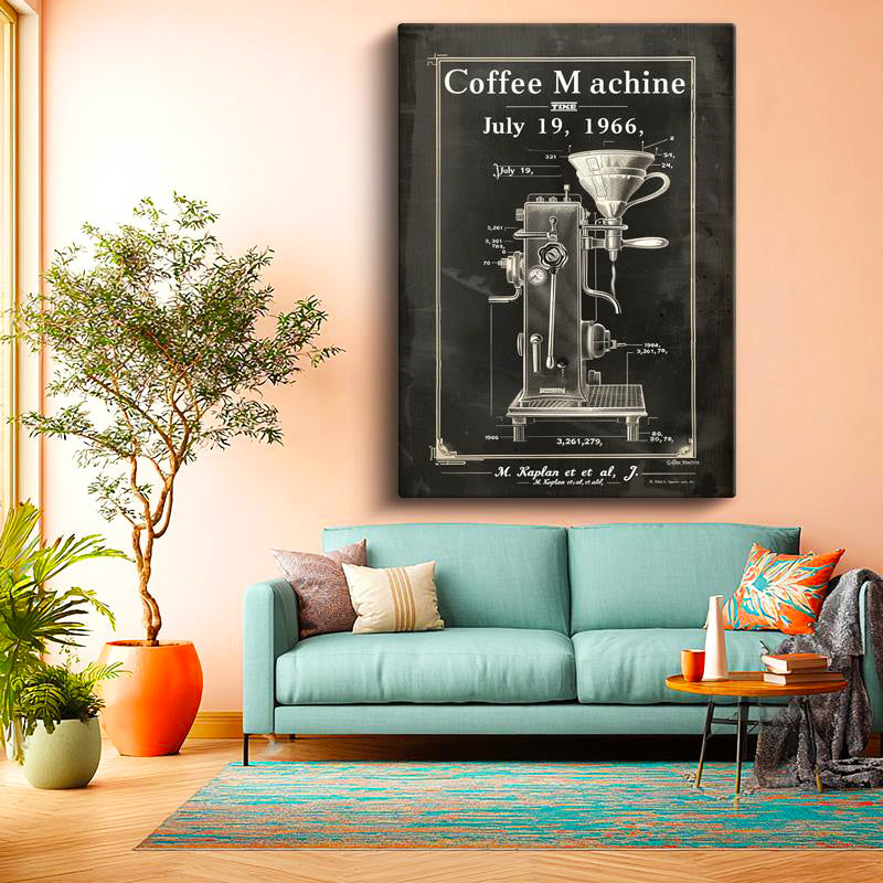 Dikey Kanvas Tablo Filtreli Kahve Makinesi Patent Teknik Vintage Tablo Ev Ofis Duvar Dekoru