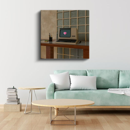 Vintage Bilgisayar - Pembe Kalpli Retro Teknoloji Kanvas Tablo