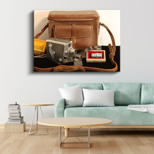 Vintage Kamera Seti - Deri Çantalı Film Ekipmanı Kanvas Tablo