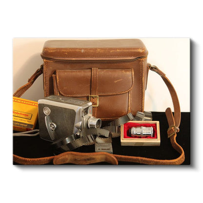 Vintage Kamera Seti - Deri Çantalı Film Ekipmanı Kanvas Tablo