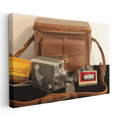 Vintage Kamera Seti - Deri Çantalı Film Ekipmanı Kanvas Tablo