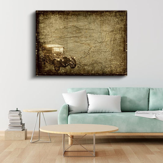 Klasik Otomobil - Eski Harita Üzerinde Yolculuk Kanvas Tablo