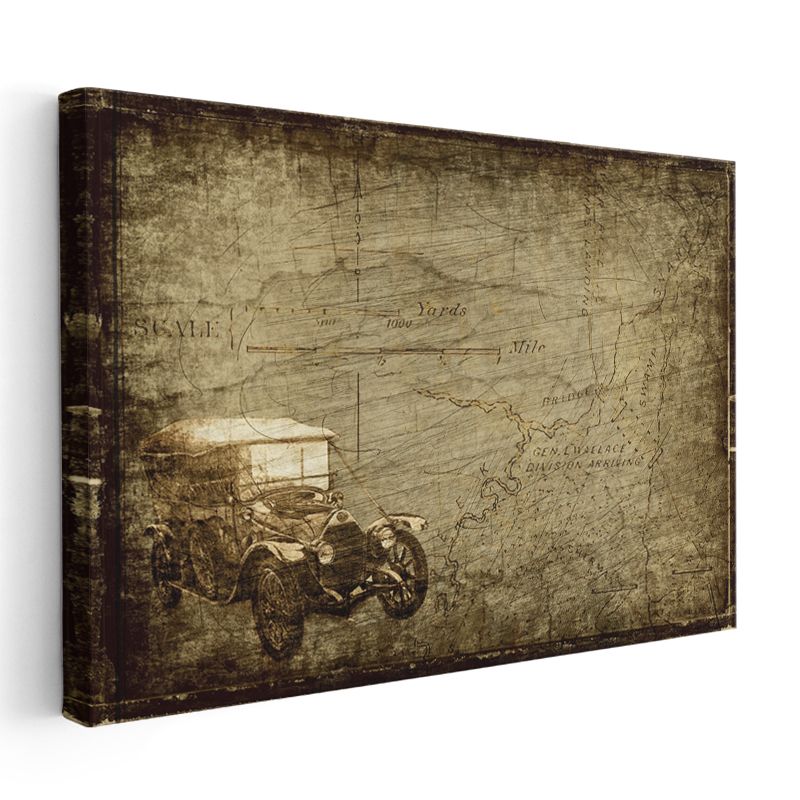 Klasik Otomobil - Eski Harita Üzerinde Yolculuk Kanvas Tablo