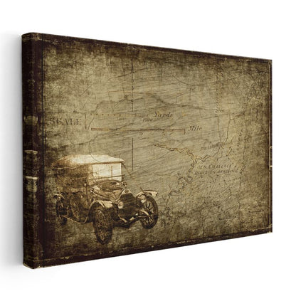 Klasik Otomobil - Eski Harita Üzerinde Yolculuk Kanvas Tablo