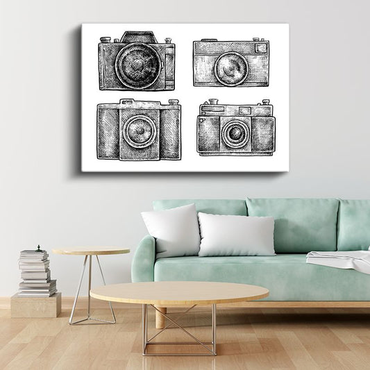 Fotoğraf Makineleri Koleksiyonu - El Çizimi Tasarım Kanvas Tablo