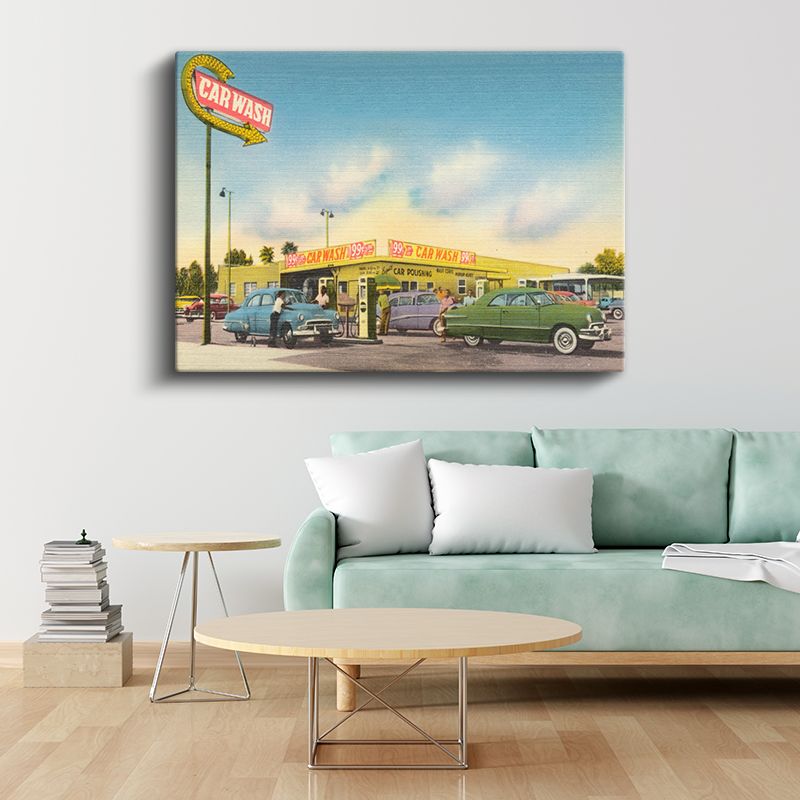 Araba Yıkama İstasyonu - 50'li Yılların Amerikan Klasiği Kanvas Tablo