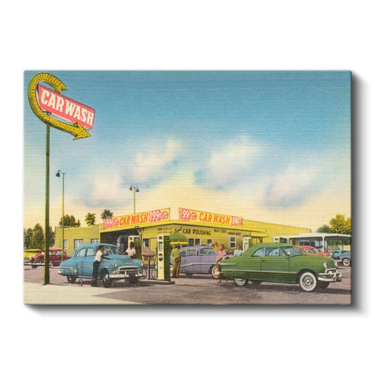 Araba Yıkama İstasyonu - 50'li Yılların Amerikan Klasiği Kanvas Tablo