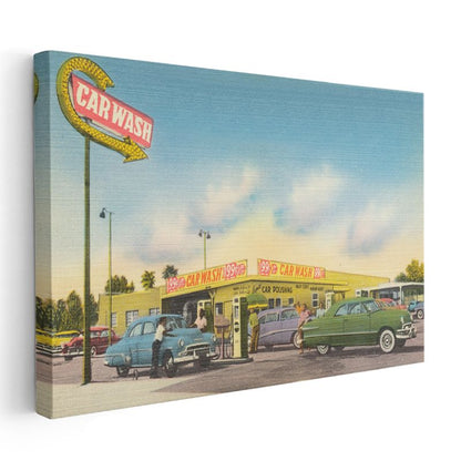 Araba Yıkama İstasyonu - 50'li Yılların Amerikan Klasiği Kanvas Tablo