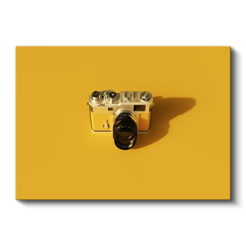 Klasik Analog Fotoğraf Makinesi - Sarı Fonlu Retro Çekim Aleti Kanvas Tablo
