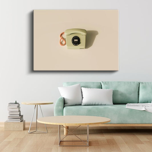 Duvar Tipi Çevirmeli Telefon - Krem Tonlu Nostaljik İletişim Kanvas Tablo