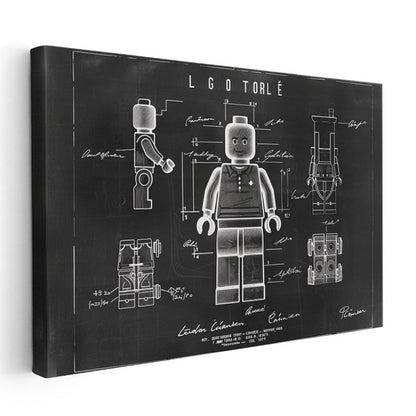 Oyuncak Figür Şeması - Siyah Fonlu Vintage Teknik Çizim Kanvas Tablo
