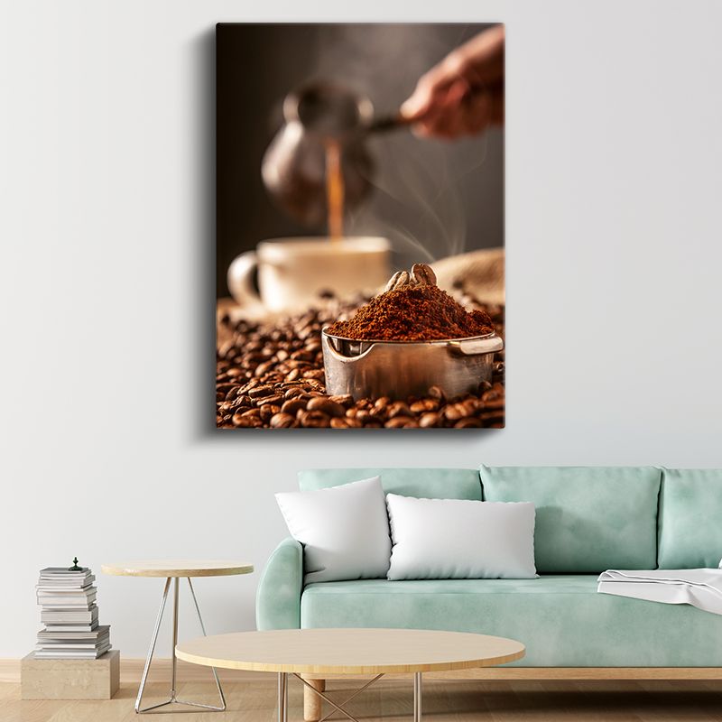 Taze Kahve - Öğütülmüş Kahve Çekirdekleri ve Buharı Tüten Fincan Kanvas Tablo