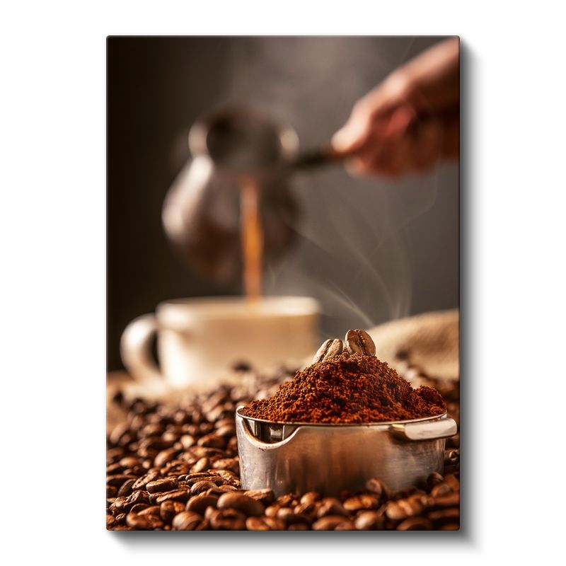 Taze Kahve - Öğütülmüş Kahve Çekirdekleri ve Buharı Tüten Fincan Kanvas Tablo