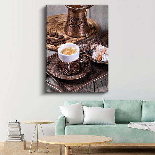 Türk Kahvesi - Geleneksel Bakır Cezvede Sunulan Lokumlu Kahve Keyfi Kanvas Tablo