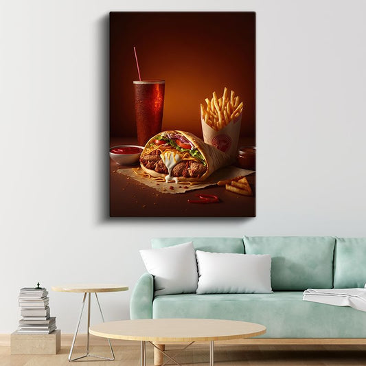 Fast Food Menüsü - Lezzetli Dürüm ve Patates Kızartması Kanvas Tablo