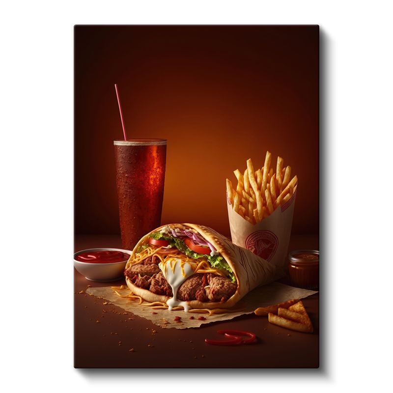 Fast Food Menüsü - Lezzetli Dürüm ve Patates Kızartması Kanvas Tablo