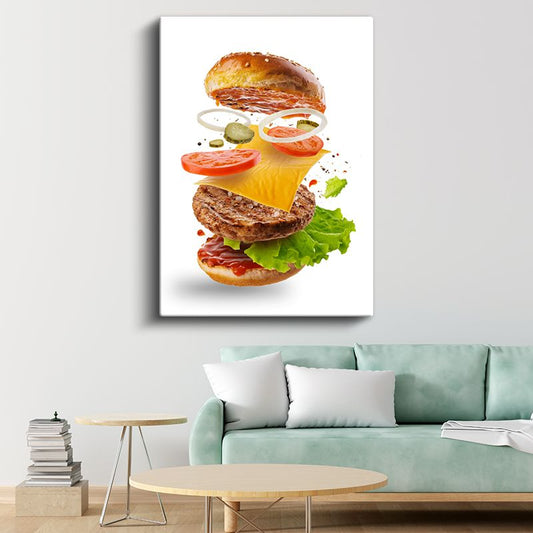 Burger Patlamasi - Havada Asılı Duran Malzemeleriyle Yaratıcı Hamburger Kanvas Tablo