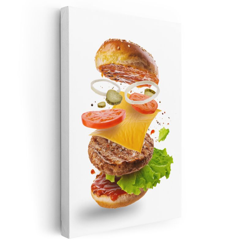 Burger Patlamasi - Havada Asılı Duran Malzemeleriyle Yaratıcı Hamburger Kanvas Tablo
