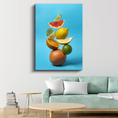 Renkli Narenciye - Mavi Fonda Havada Asılı Turunçgiller Kanvas Tablo