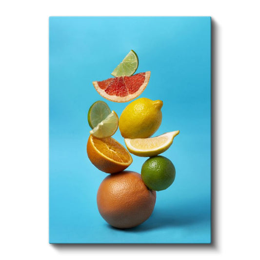 Renkli Narenciye - Mavi Fonda Havada Asılı Turunçgiller Kanvas Tablo