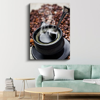 Tüten Kahve Fincanı - Kahve Çekirdekleri Arasında Sıcak İçecek Kanvas Tablo