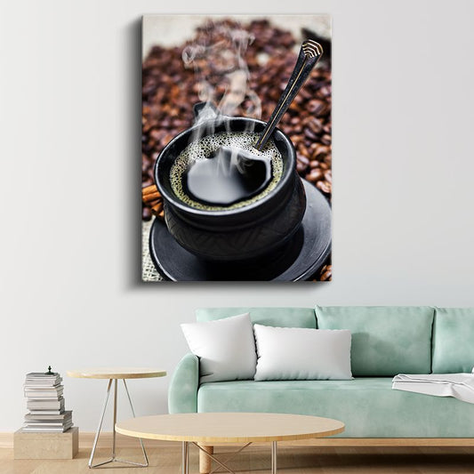 Tüten Kahve Fincanı - Kahve Çekirdekleri Arasında Sıcak İçecek Kanvas Tablo