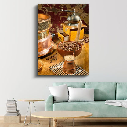 Geleneksel Kahve Ritüeli - Kahve Çekirdekleri ve Değirmen Kanvas Tablo