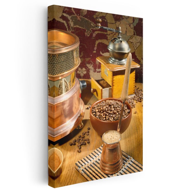 Geleneksel Kahve Ritüeli - Kahve Çekirdekleri ve Değirmen Kanvas Tablo
