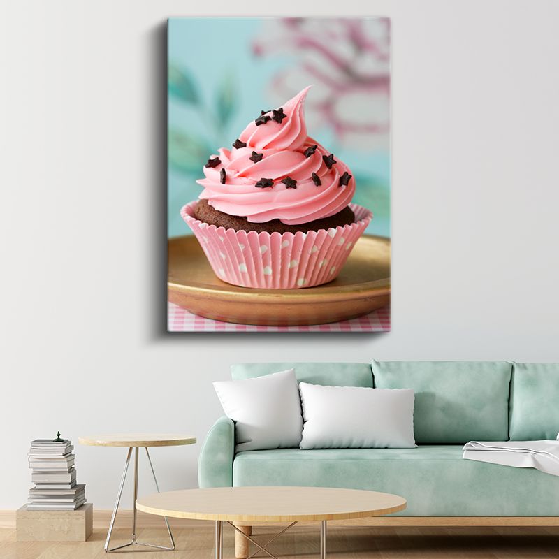 Pembe Cupcake - Yıldız Süslemeli Çikolatalı Tatlı Kanvas Tablo