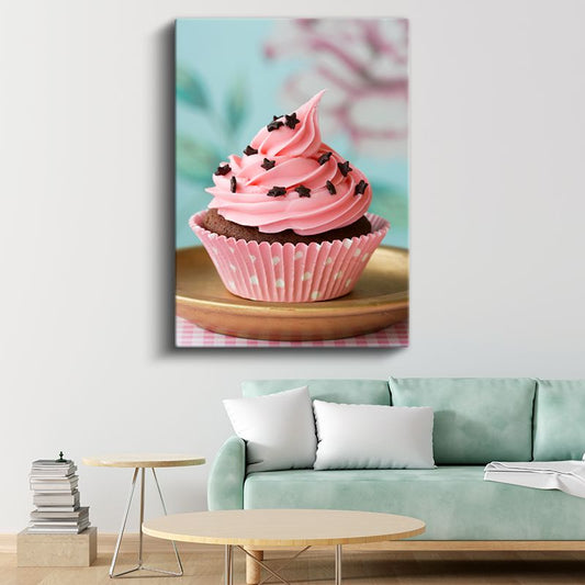 Pembe Cupcake - Yıldız Süslemeli Çikolatalı Tatlı Kanvas Tablo