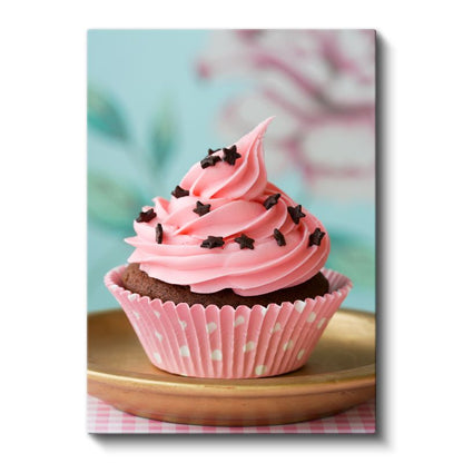 Pembe Cupcake - Yıldız Süslemeli Çikolatalı Tatlı Kanvas Tablo