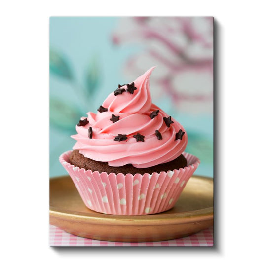 Pembe Cupcake - Yıldız Süslemeli Çikolatalı Tatlı Kanvas Tablo