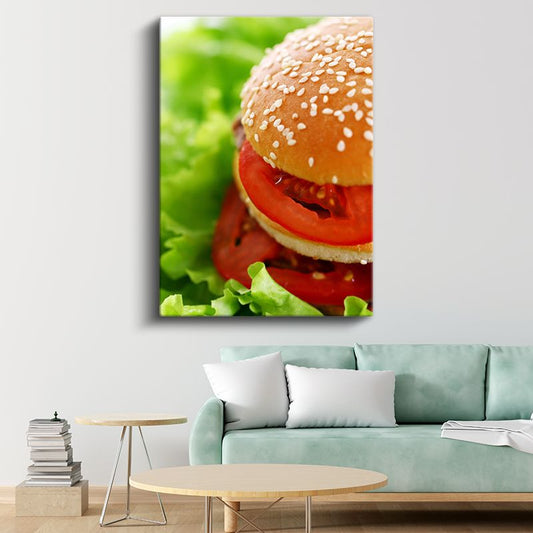 Hamburger - Taze Domates ve Yeşillikli Lezzet Kanvas Tablo