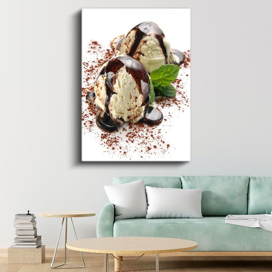 Çikolatalı Dondurma - Nefis Sos ve Nane Yapraklarıyla Sunulan Kanvas Tablo