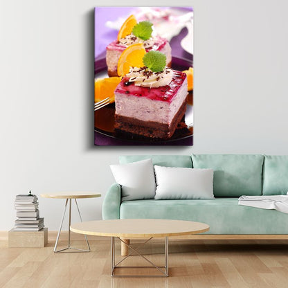 Meyveli Pasta Dilimleri - Portakal ve Krema Süslemeli Çok Katlı Tatlı Kanvas Tablo