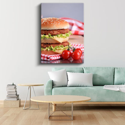 Çift Katlı Hamburger - Peynirli Leziz Fast Food Kanvas Tablo