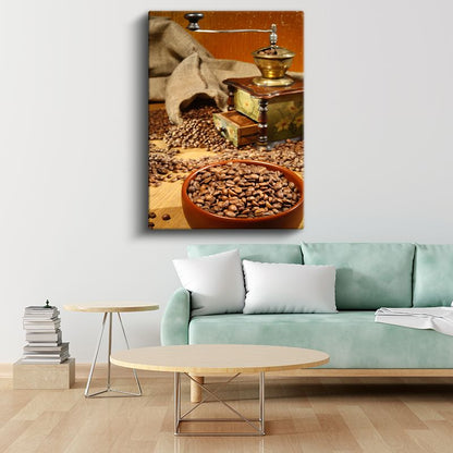 Kahve Çekirdekleri - Nostaljik Değirmen Detayı Kanvas Tablo
