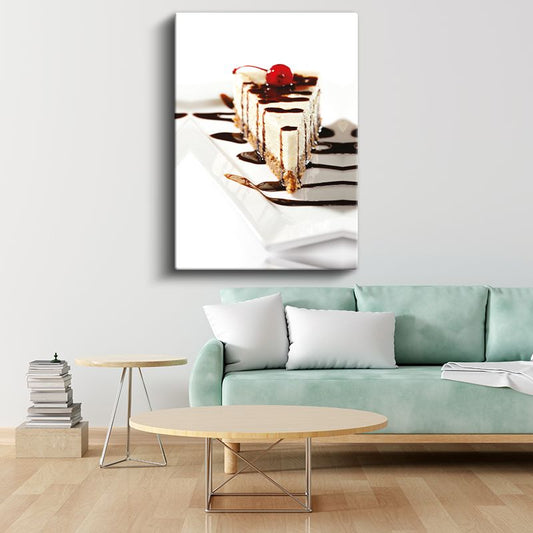 Çikolatalı Cheesecake - Kiraz Süslemeli Tatlı Dilimi Kanvas Tablo