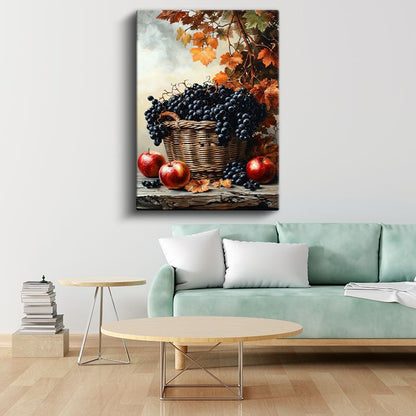 Sonbahar Hasadı - Sepette Üzüm ve Elmalar Kanvas Tablo