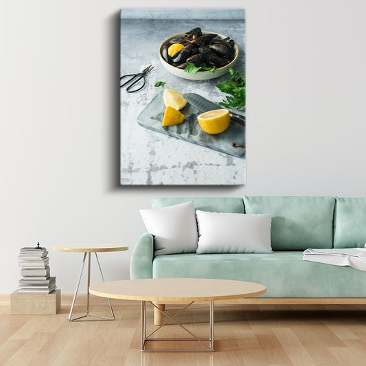 Taze Midyeler - Limon Dilimleriyle Deniz Lezzeti Kanvas Tablo