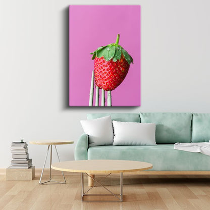 Taze Çilek - Çatalda Sunulan Kırmızı Meyve Kanvas Tablo