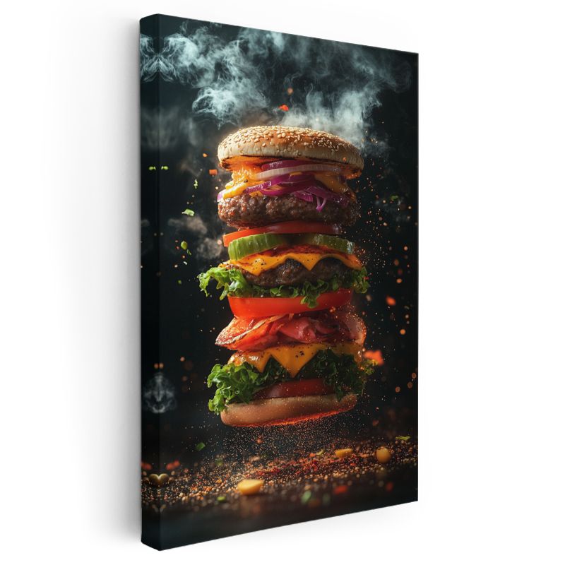 Lezzetli Hamburger - Dumanlı Gourmet Burger Kanvas Tablo