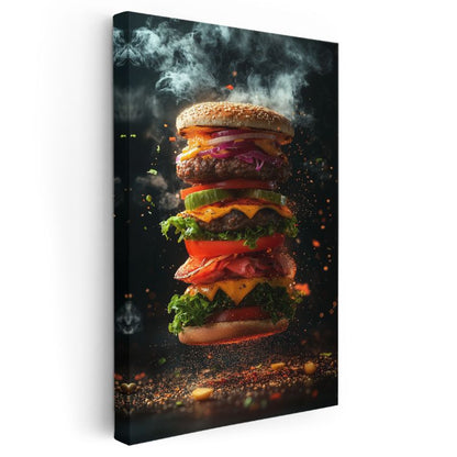 Lezzetli Hamburger - Dumanlı Gourmet Burger Kanvas Tablo