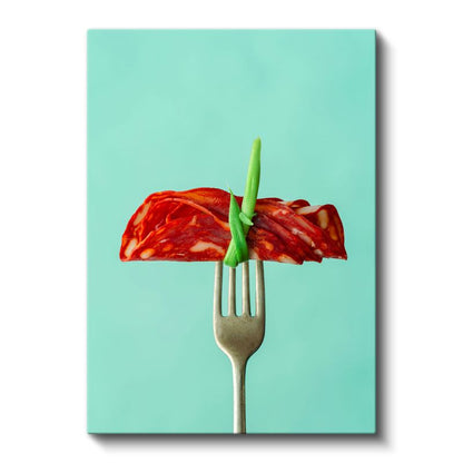 İtalyan Charcuterie - Çatalda Sucuk Dilimi Kanvas Tablo