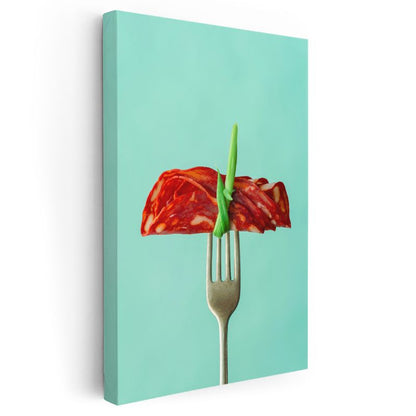 İtalyan Charcuterie - Çatalda Sucuk Dilimi Kanvas Tablo