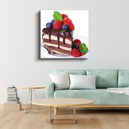 Meyveli Pasta Dilimi - Çikolata Soslu Tatlı Ziyafet Kanvas Tablo