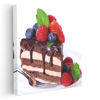 Meyveli Pasta Dilimi - Çikolata Soslu Tatlı Ziyafet Kanvas Tablo