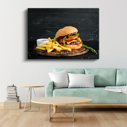Klasik Hamburger - Patates Kızartması Eşliğinde Kanvas Tablo